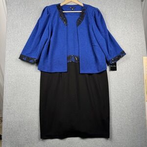 Brianna Milay Dress Jacket Set Womens 20W Blue Black Sequin 2 Piece Evening NEW